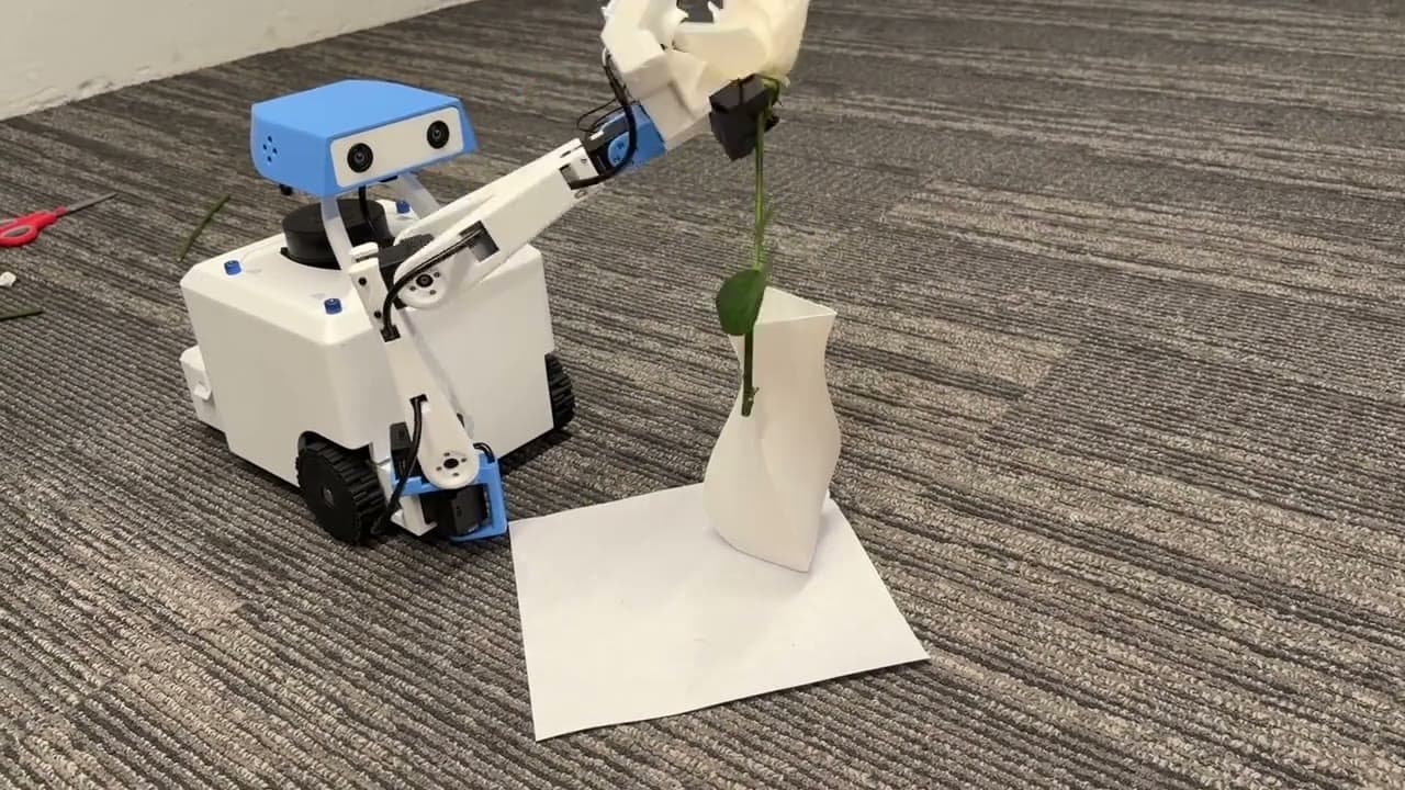 ID-0 placing a white rose into the twisted vase