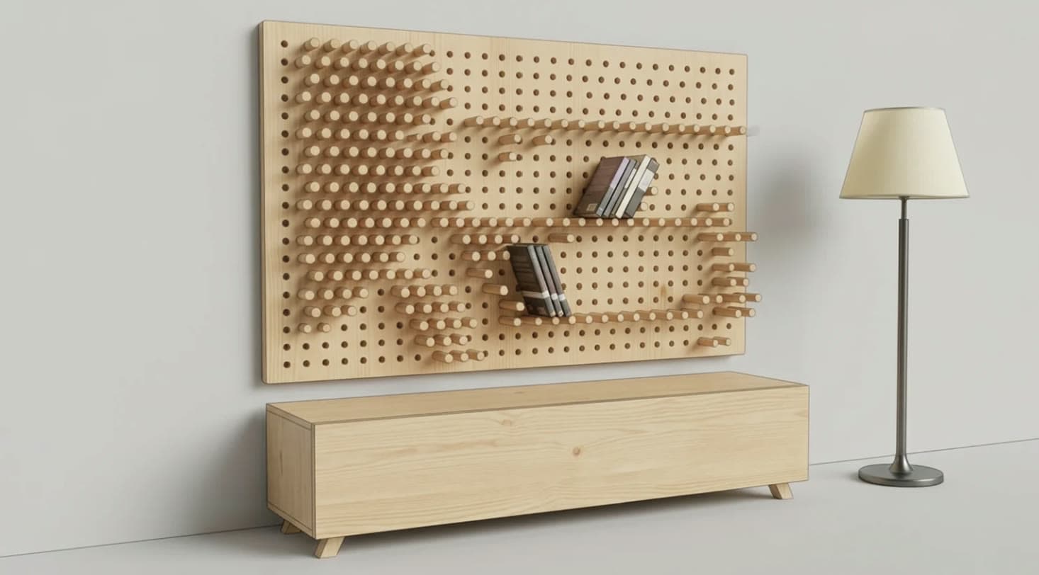 Render of a large wall-mounted pin board holding books